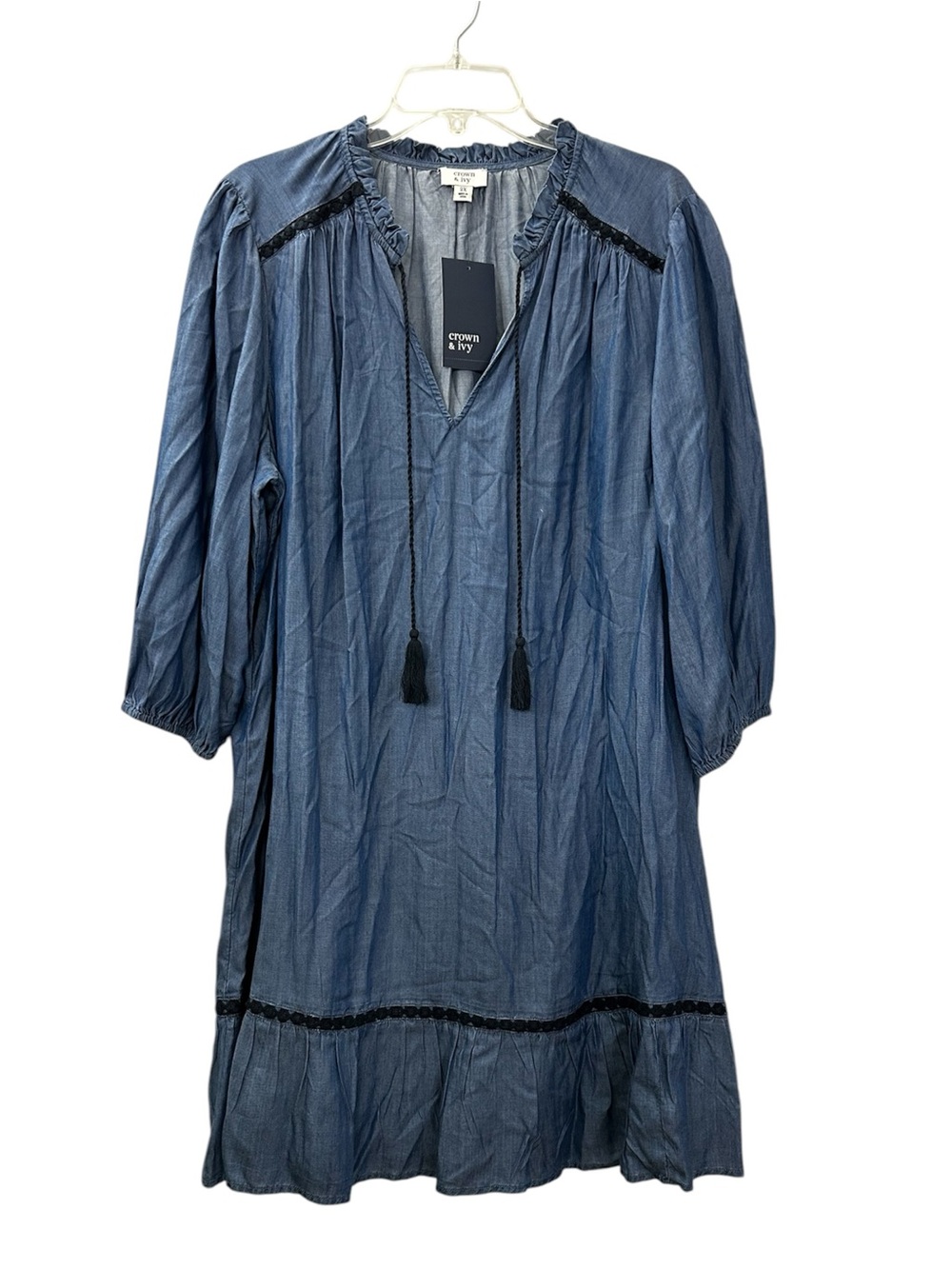 NWT Crown & Ivy Dress Chambray Lyocell Tassel Ties Crochet Accent Women’s 2X
